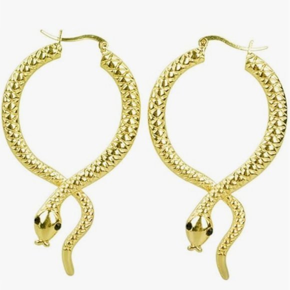Gold Snake Hoop Earrings 3D Textured Snakes Modern Nature Big Glam Goth Boho New - Picture 1 of 4
